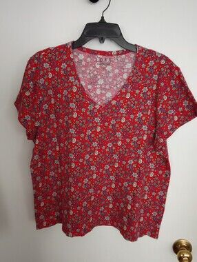 LOFT Vintage Soft Red Floral V-Neck Short Sleeve Tee Women XL